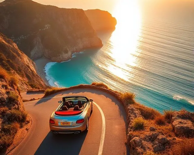 Convertible car driving along a scenic coastal road at golden hour